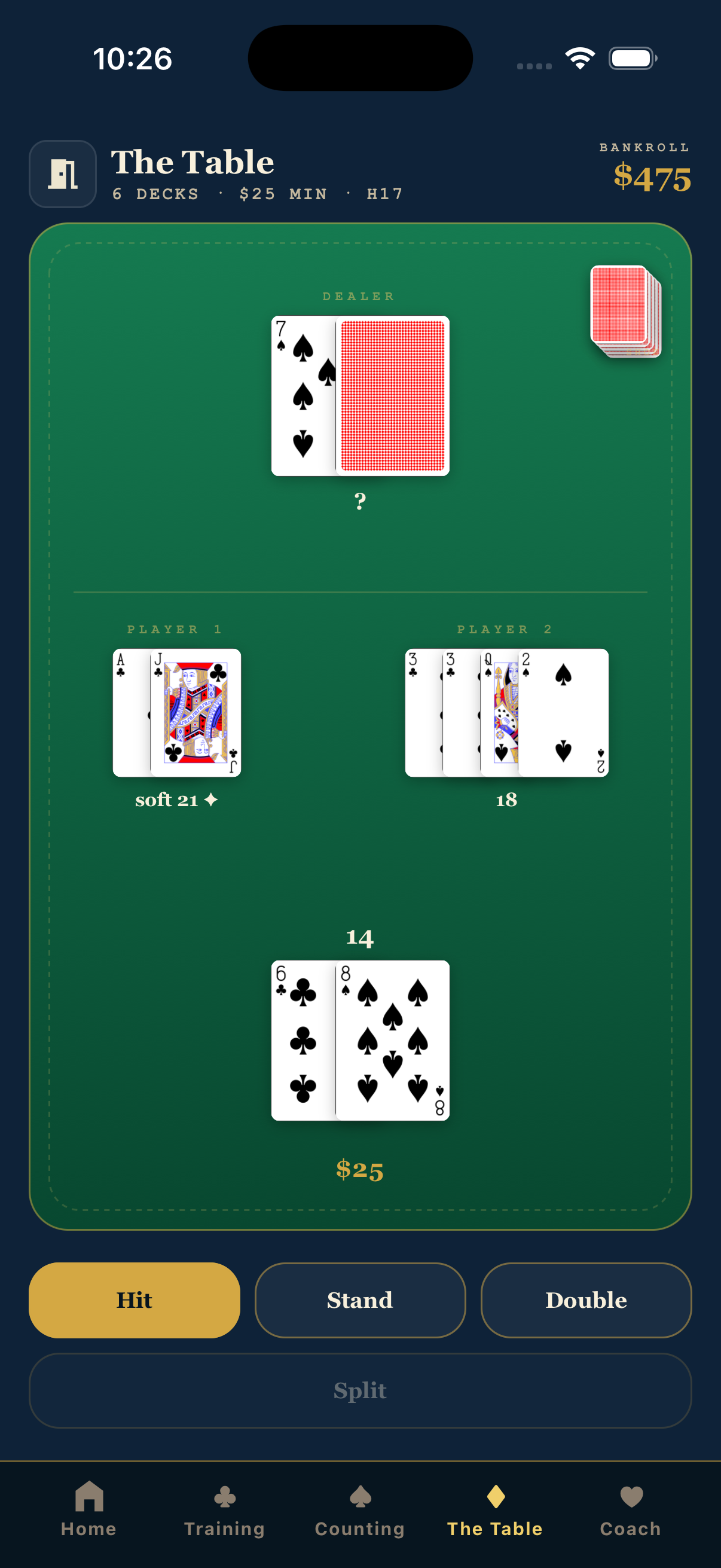 Play-money blackjack table with chips and betting